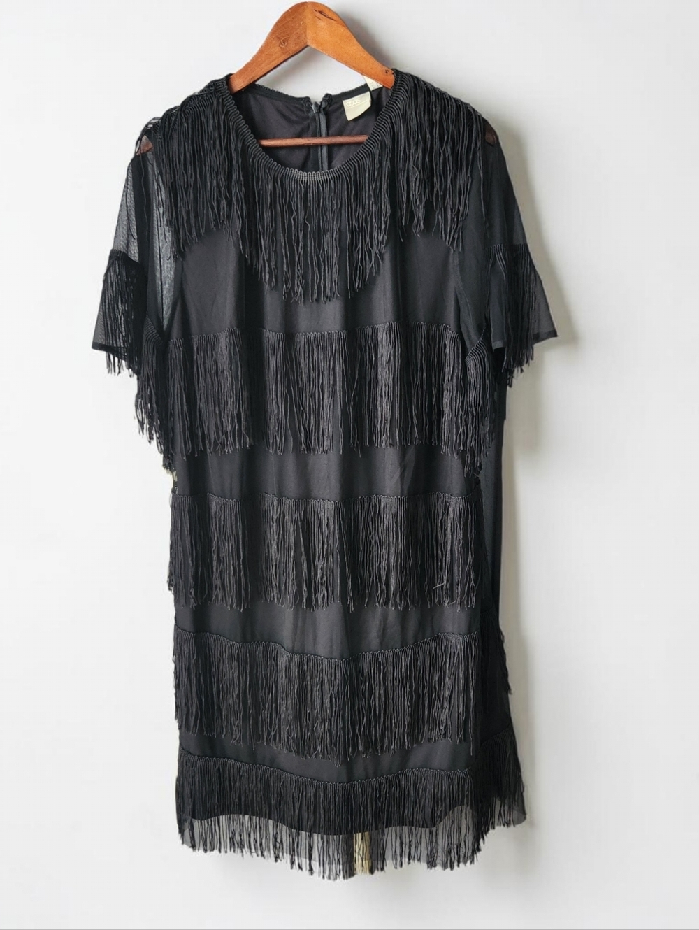 Asos Black Fringe Mini Dress Womens 18 Stretch Shift Crewneck Short Sleeve